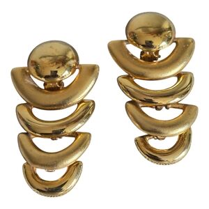 Vintage Gold Tone Dangle Earrings Tiered Crescent Design Bold Eclectic Elegant